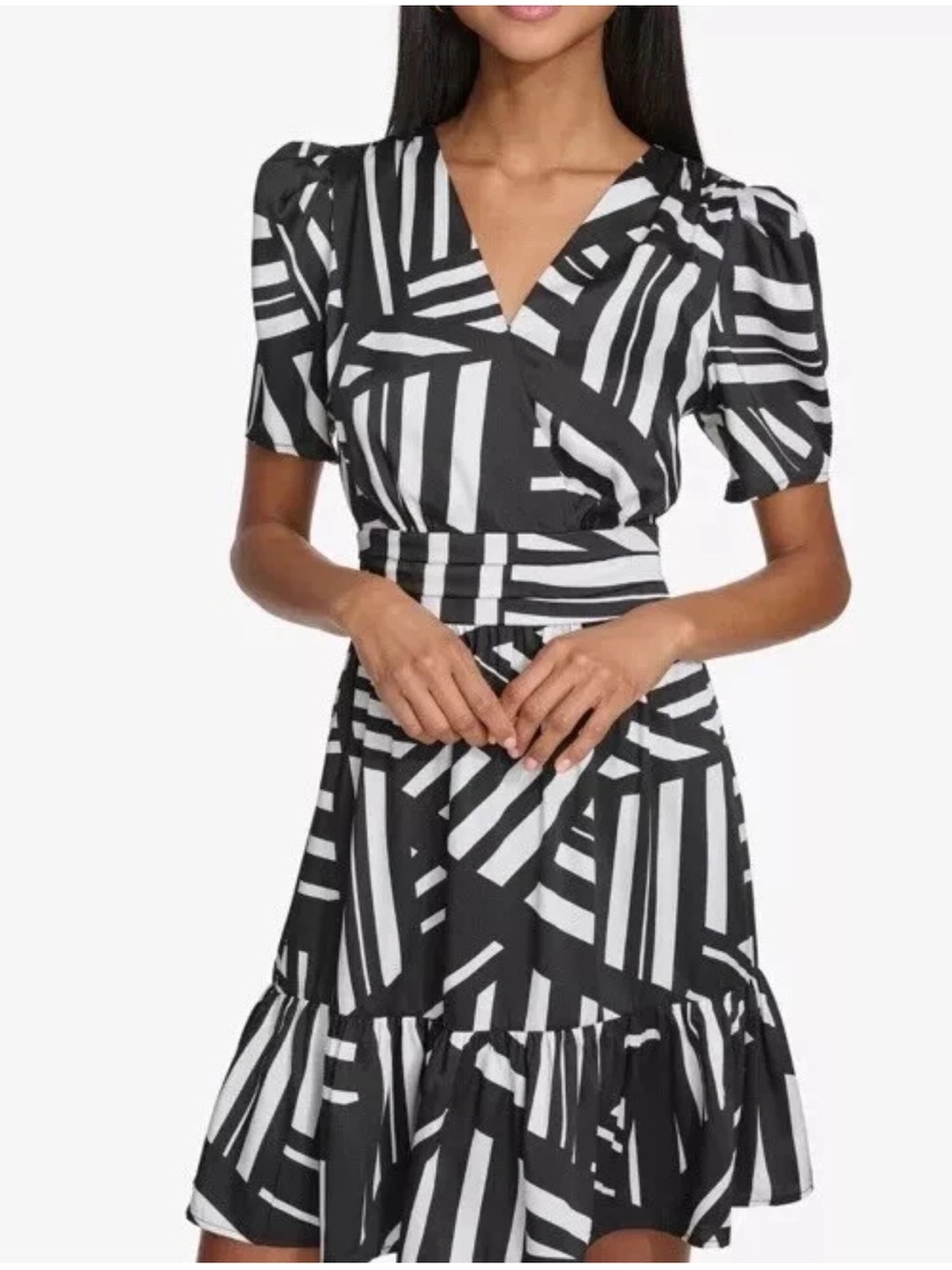Karl Lagerfeld Black and White Striped Wrap Mini Dress
